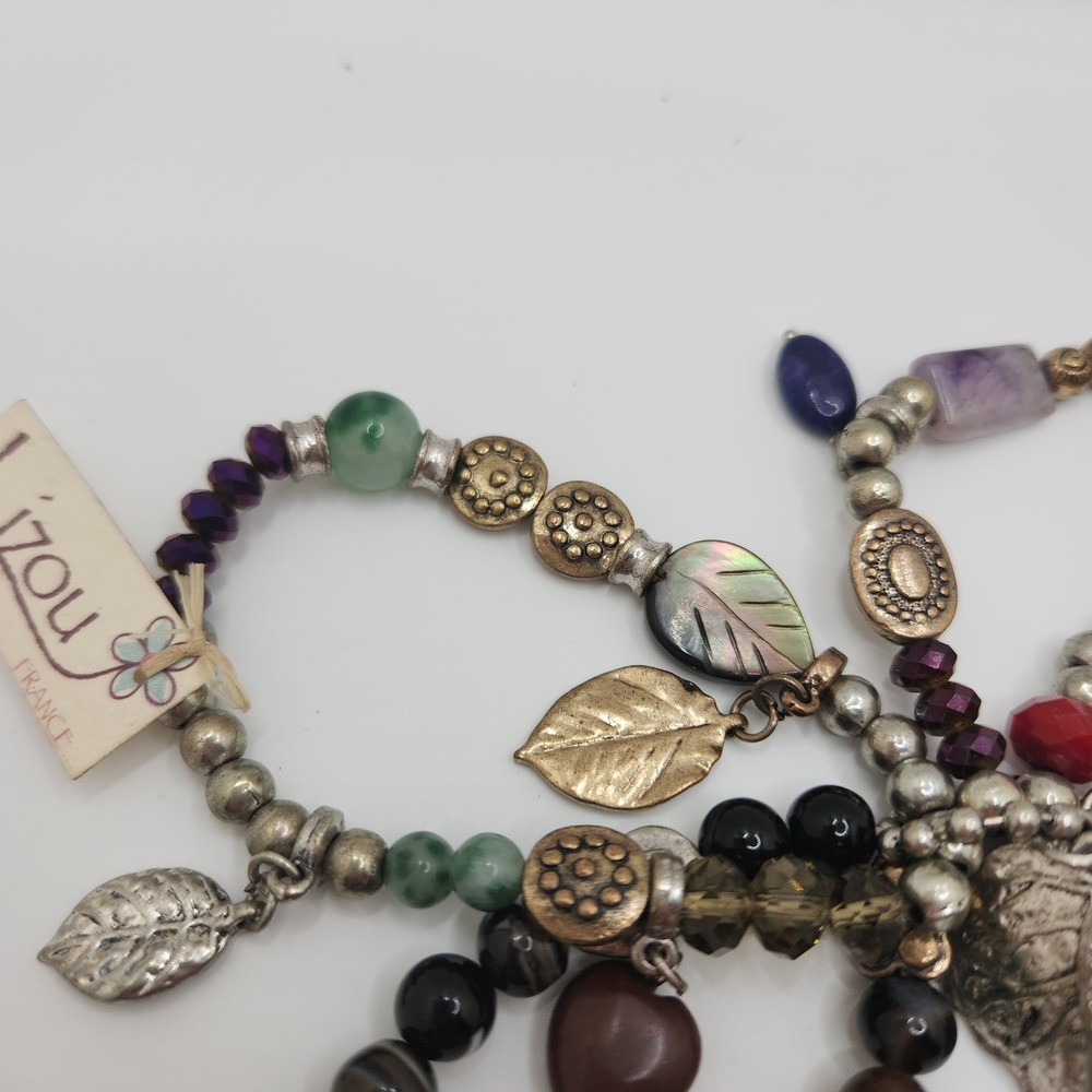 Boho Gemstones Glass Leaf Charms MOP 4 Stretch Bracelets Set Stackable Hippie - Picture 3 of 10